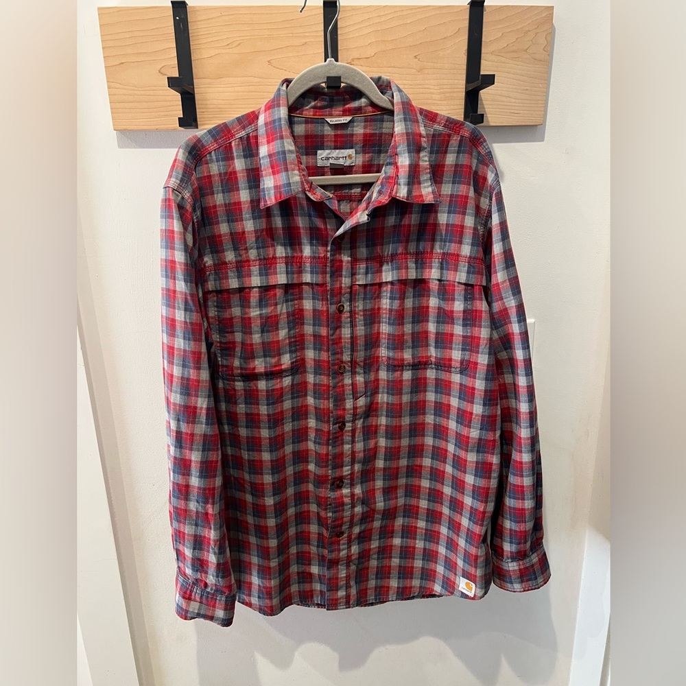 Carhartt Plaid Button Up Shirt Red Blue Gray Workwear Relaxed Fit XL